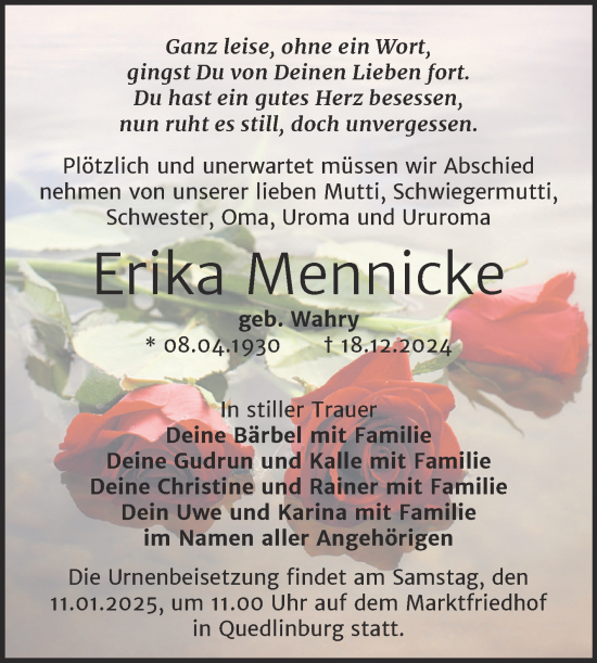 Traueranzeige von Erika Mennicke von Trauerkombi Quedlinburg