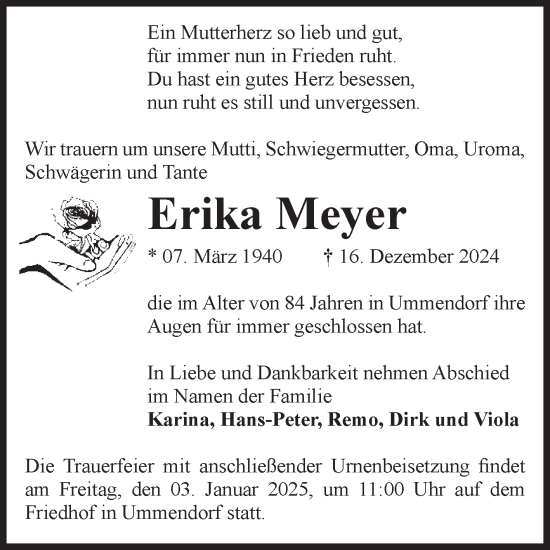 Traueranzeige von Erika Meyer von Volksstimme Oschersleben/Wanzleben