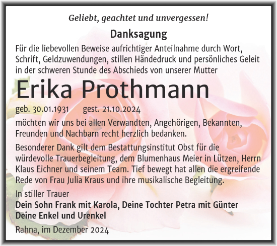 Traueranzeige von Erika Prothmann von Trauerkombi Weißenfels