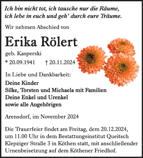 Traueranzeige von Erika Rölert von Trauerkombi Köthen
