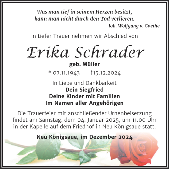 Traueranzeige von Erika Schrader von Trauerkombi Aschersleben