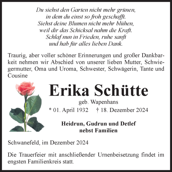 Traueranzeige von Erika Schütte von Volksstimme Haldensleben/Wolmirstedt