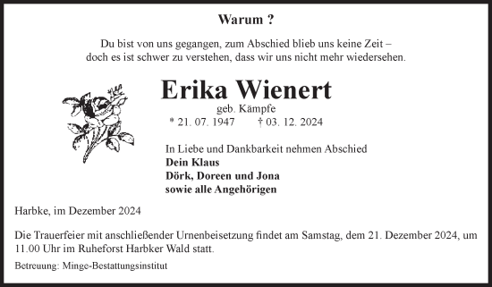 Traueranzeige von Erika Wienert von Volksstimme Oschersleben/Wanzleben