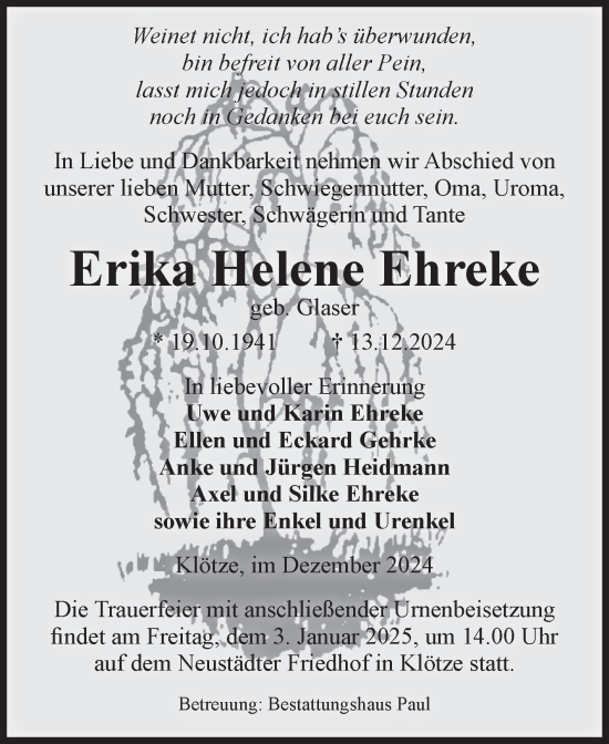 Traueranzeige von Erika Helene Ehreke von Volksstimme Altmark West