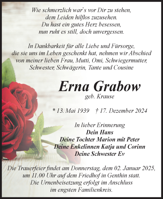 Traueranzeige von Erna Grabow von Volksstimme Burg/Genthin