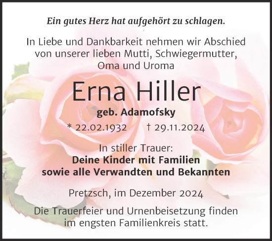 Traueranzeige von Erna Hiller von Trauerkombi Wittenberg