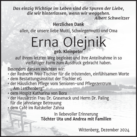 Traueranzeige von Erna Olejnik von Trauerkombi Wittenberg