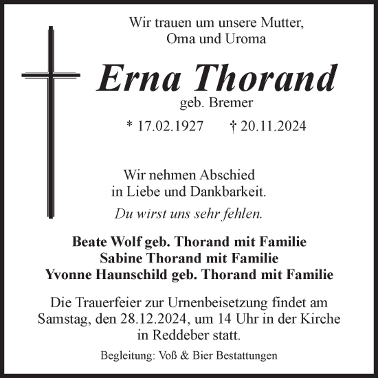 Traueranzeige von Erna Thorand von Volksstimme Wernigerode