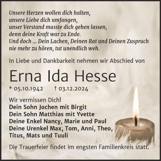Traueranzeige von Erna Ida Hesse von Trauerkombi Bernburg