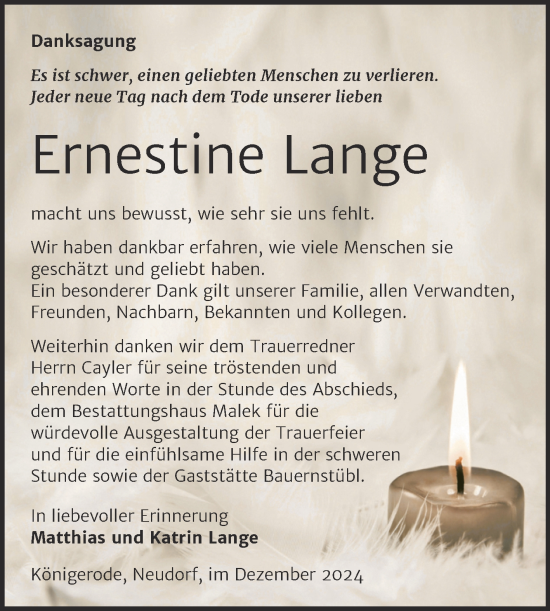 Traueranzeige von Ernestine Lange von Trauerkombi Quedlinburg