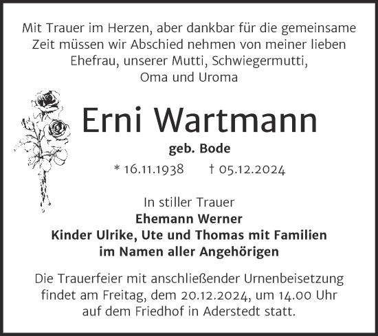 Traueranzeige von Erni Wartmann von Trauerkombi Bernburg