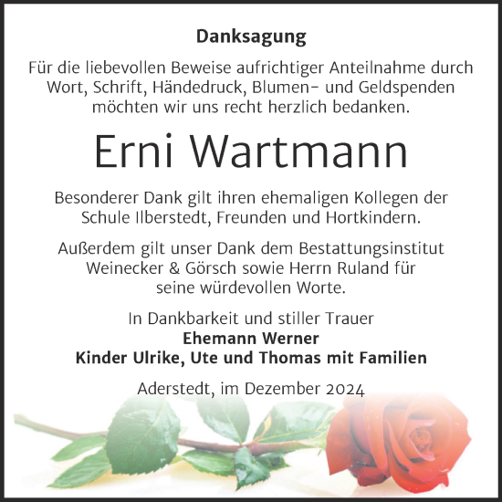 Traueranzeige von Erni Wartmann von Trauerkombi Bernburg
