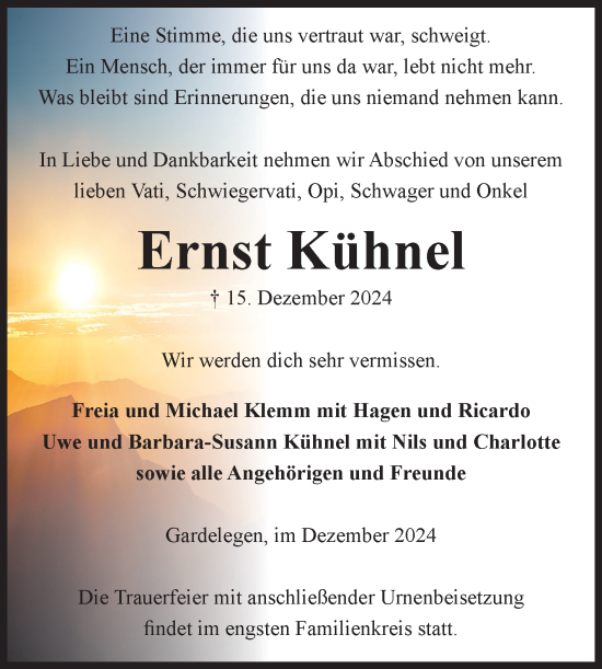 Traueranzeige von Ernst Kühnel von Volksstimme Altmark West