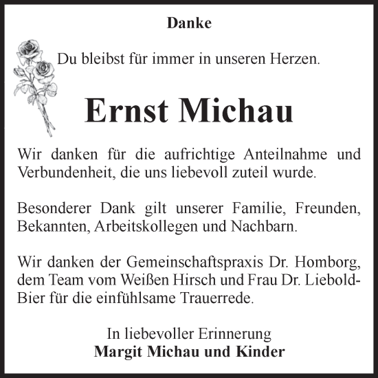 Traueranzeige von Ernst Michau von Volksstimme Wernigerode