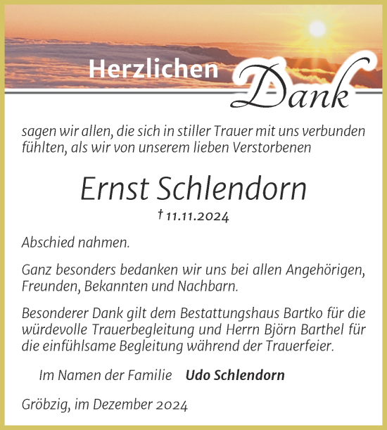 Traueranzeige von Ernst Schlendorn von Trauerkombi Köthen