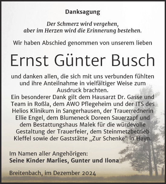 Traueranzeige von Ernst Günter Busch von Trauerkombi Sangerhausen