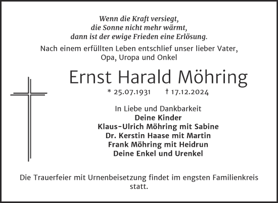 Traueranzeige von Ernst Harald Möhring von Trauerkombi Mansfelder Land