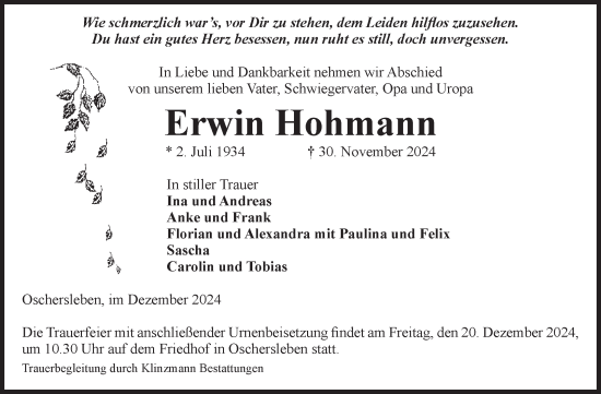 Traueranzeige von Erwin Hohmann von Volksstimme Oschersleben/Wanzleben
