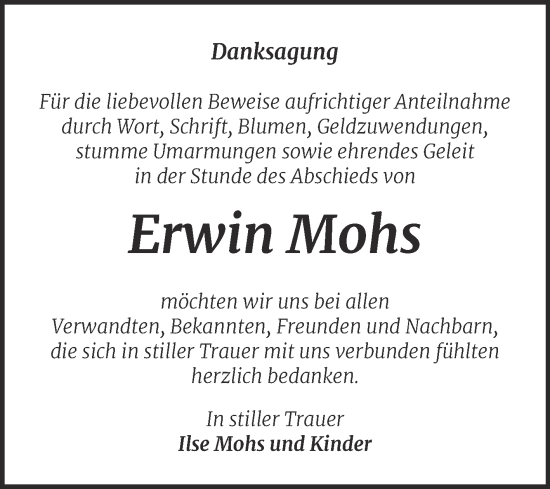 Traueranzeige von Erwin Mohs von Trauerkombi Dessau