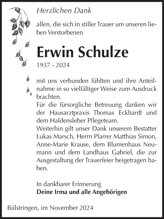 Traueranzeige von Erwin Schulze von Volksstimme Haldensleben/Wolmirstedt