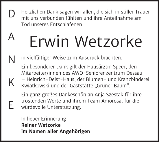 Traueranzeige von Erwin Wetzorke von Trauerkombi Dessau