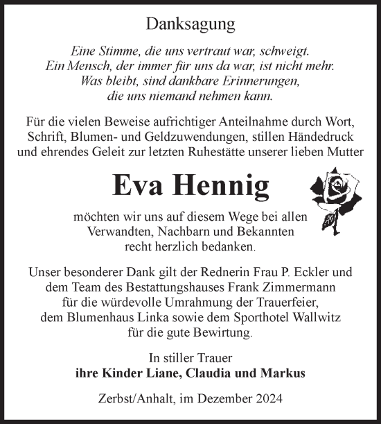 Traueranzeige von Eva Hennig von Volksstimme Zerbst
