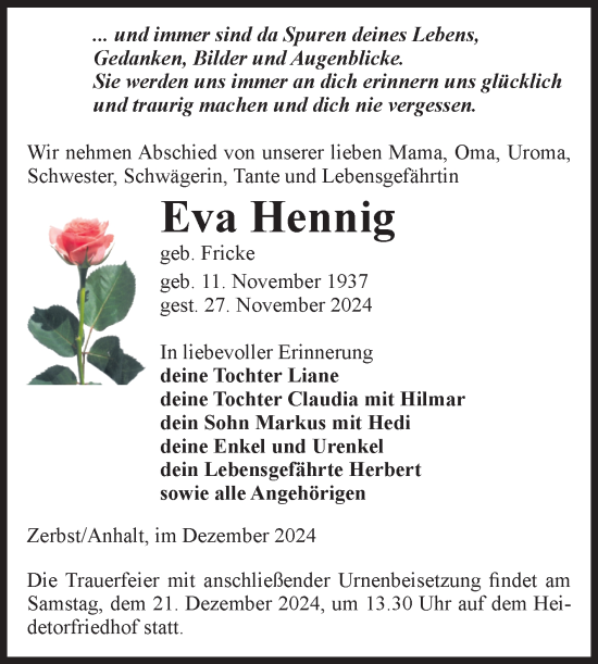 Traueranzeige von Eva Hennig von Volksstimme Zerbst