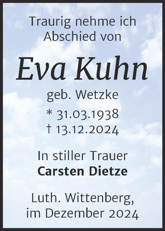 Traueranzeige von Eva Kuhn von Trauerkombi Wittenberg
