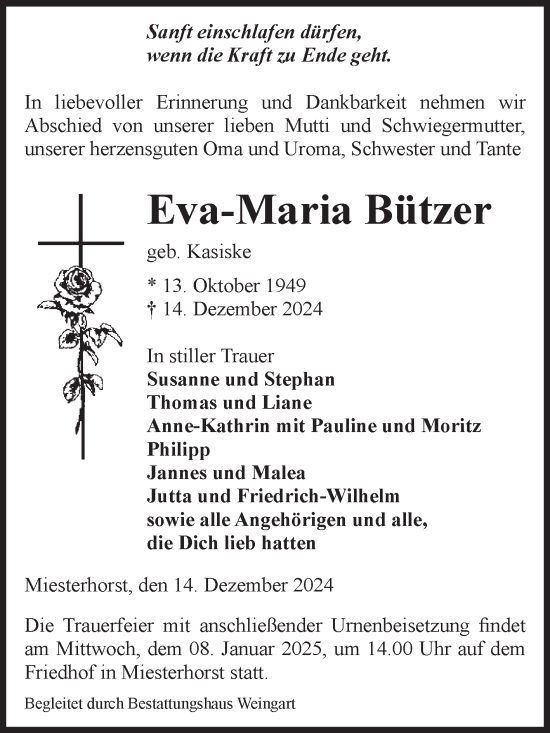 Traueranzeige von Eva-Maria Bützer von Volksstimme Altmark West