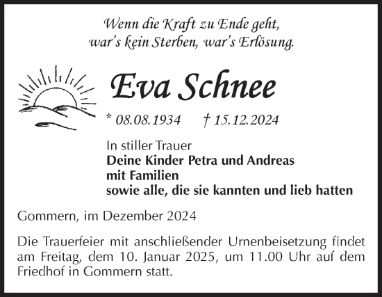 Traueranzeige von Eva Schnee von Volksstimme Burg/Genthin