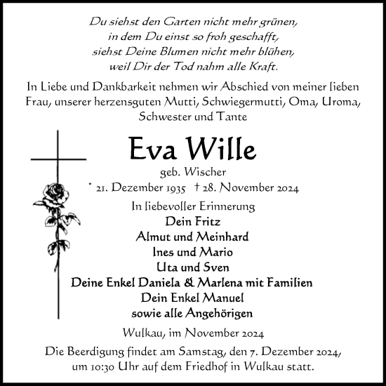 Traueranzeige von Eva Wille von Volksstimme Altmark Ost