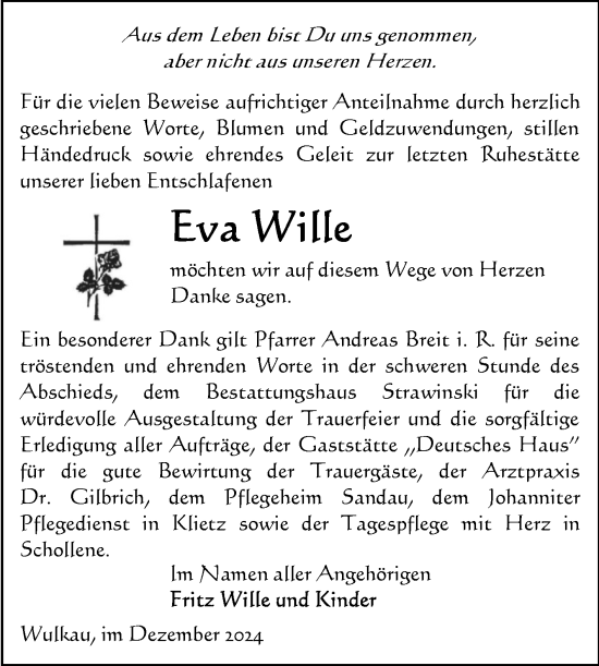 Traueranzeige von Eva Wille von Volksstimme Altmark Ost