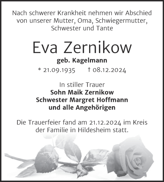 Traueranzeige von Eva Zernikow von Volksstimme Haldensleben/Wolmirstedt