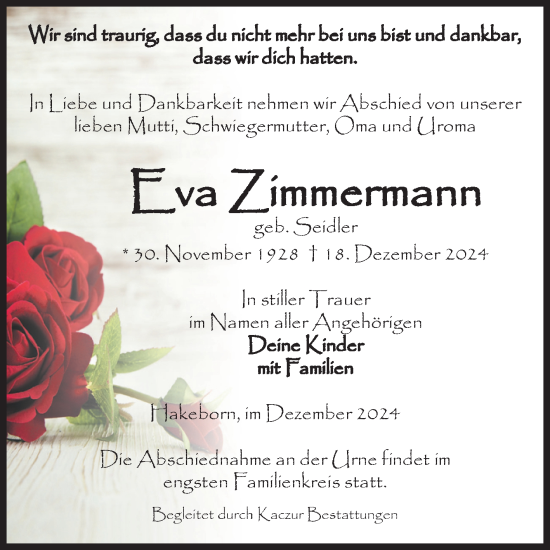 Traueranzeige von Eva Zimmermann 