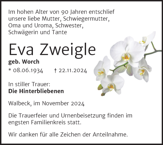Traueranzeige von Eva Zweigle von Trauerkombi Mansfelder Land