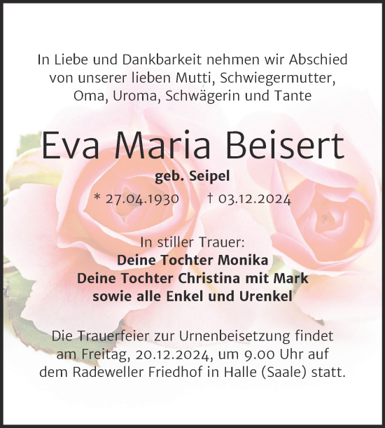 Traueranzeige von Eva Maria Beisert von Mitteldeutsche Zeitung Halle/Saalkreis