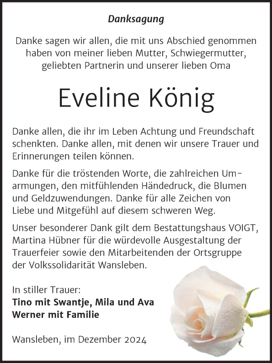 Traueranzeige von Eveline König von Trauerkombi Mansfelder Land
