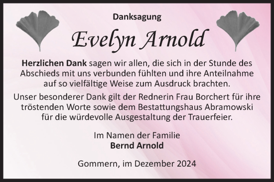 Traueranzeige von Evelyn Arnold von Volksstimme Burg/Genthin