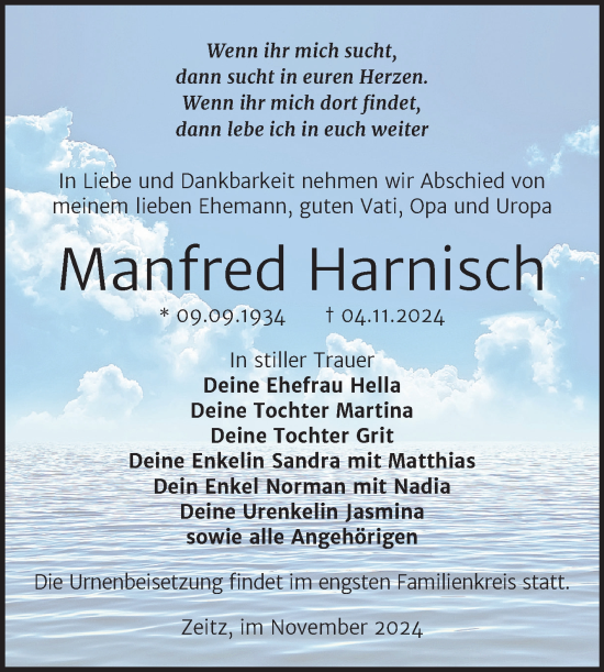 Traueranzeige von Manfred Harnisch von Trauerkombi Zeitz