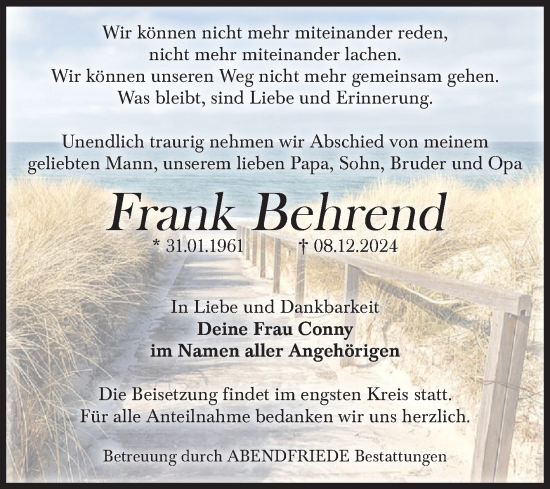 Traueranzeige von Frank Behrend von Volksstimme Magdeburg