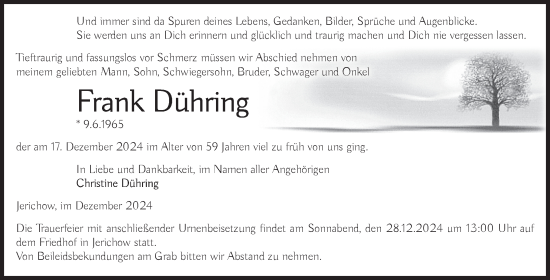 Traueranzeige von Frank Dühring von Volksstimme Burg/Genthin