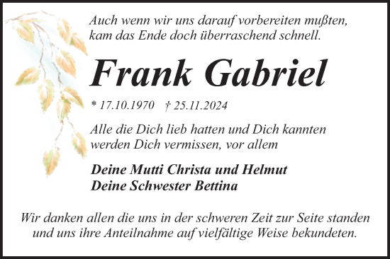 Traueranzeige von Frank Gabriel von Trauerkombi Dessau