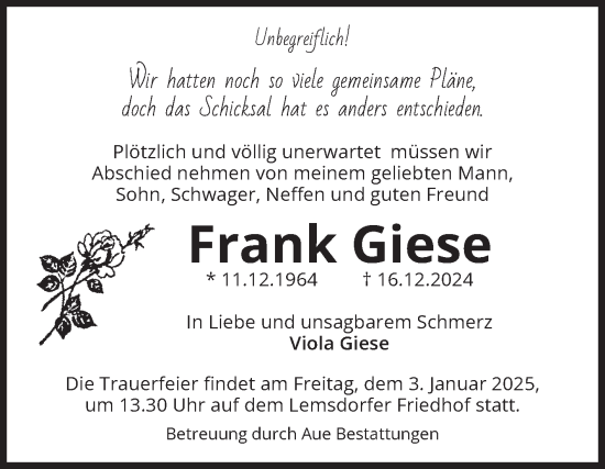Traueranzeige von Frank Giese von Volksstimme Magdeburg