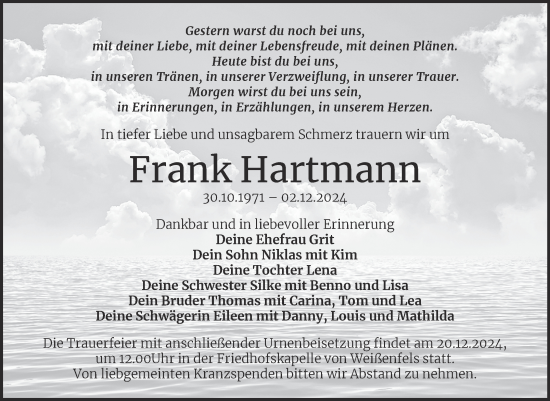 Traueranzeige von Frank Hartmann von Trauerkombi Weißenfels