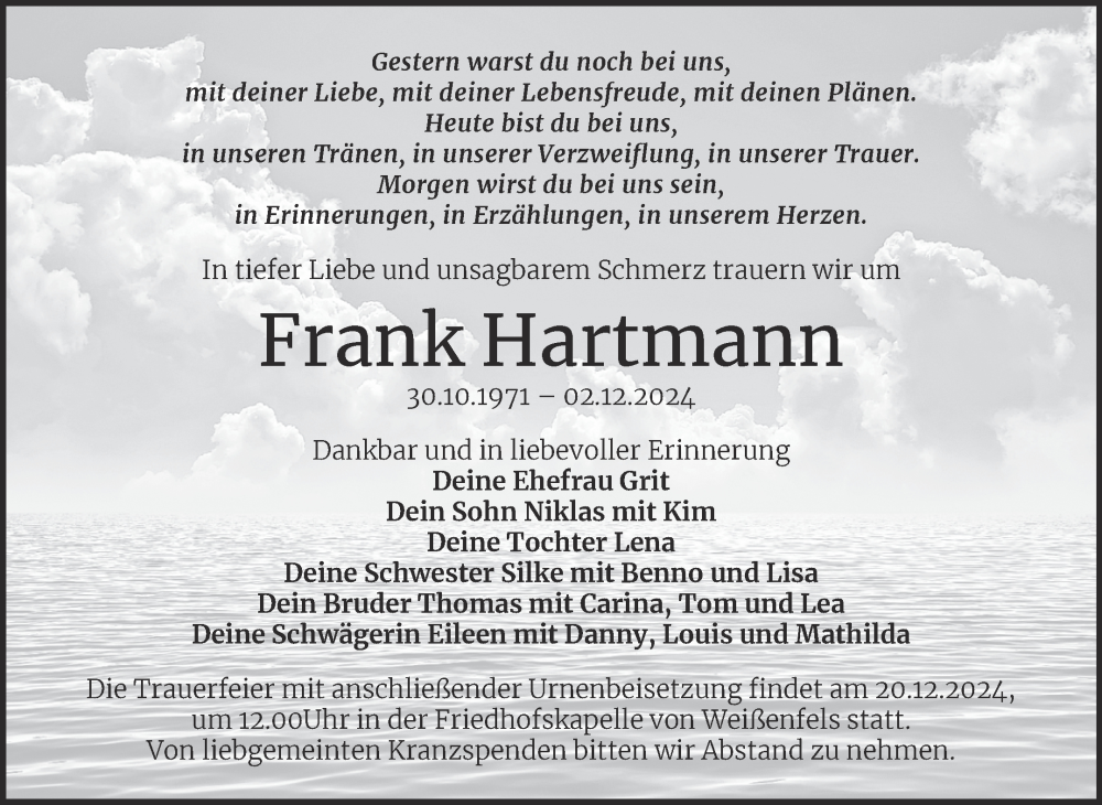 Traueranzeige für Frank Hartmann vom 14.12.2024 aus Trauerkombi Weißenfels