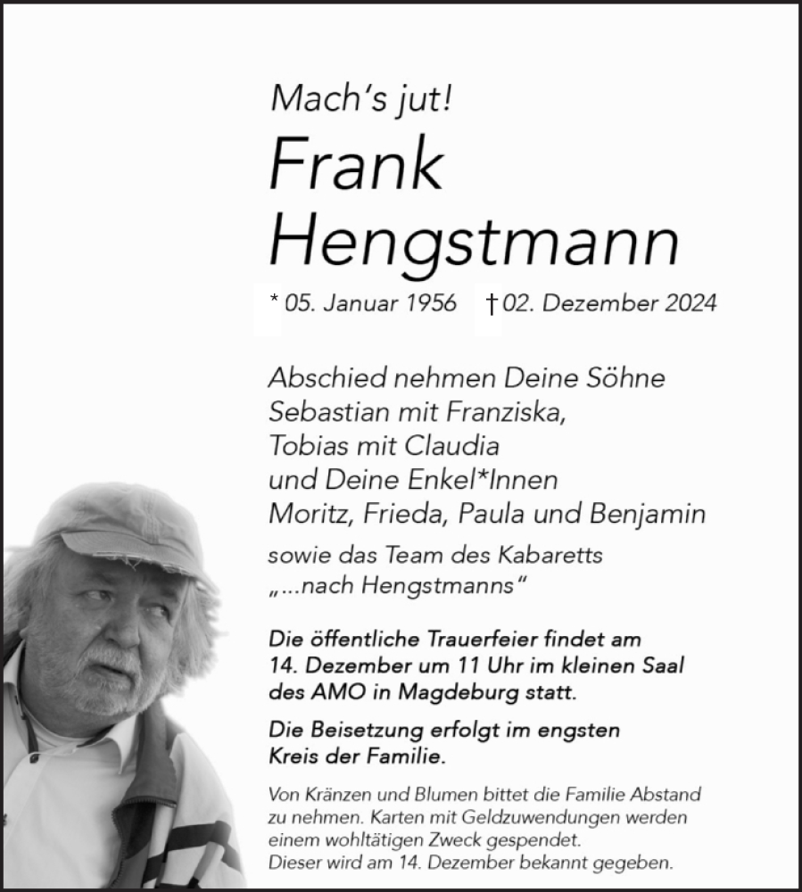  Traueranzeige für Frank Hengstmann vom 07.12.2024 aus Volksstimme Magdeburg