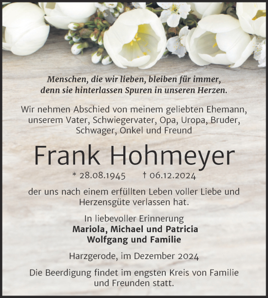 Traueranzeige von Frank Hohmeyer von Trauerkombi Quedlinburg