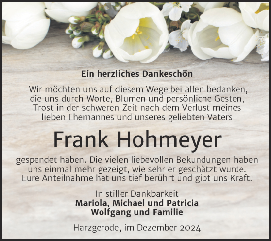 Traueranzeige von Frank Hohmeyer von Trauerkombi Quedlinburg