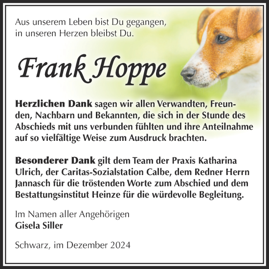 Traueranzeige von Frank Hoppe von Volksstimme Schönebeck