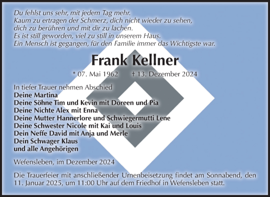 Traueranzeige von Frank Kellner von Volksstimme Oschersleben/Wanzleben